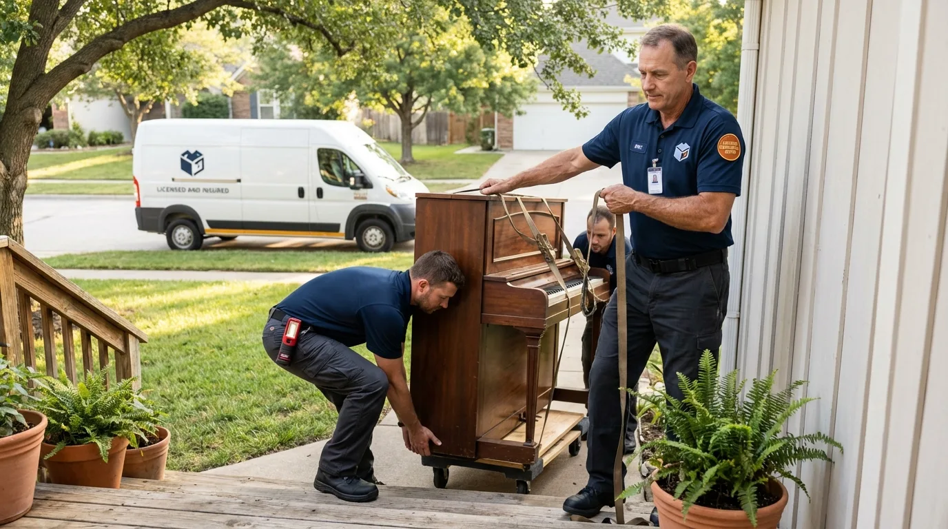 Licensed piano movers securing grand piano in Roy, UT