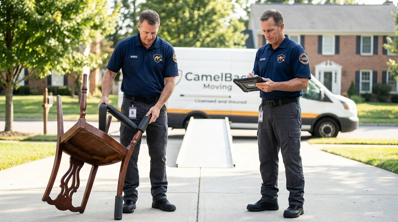 Movers inspecting furniture for damage prevention before loading in Roy, UT